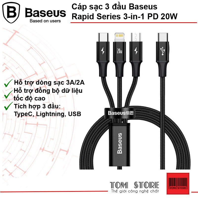 Cáp sạc 3 đầu Baseus Rapid Series 3-in-1 PD 20W (Type C to Type C/Lightning/Micro USB,Fast Charging & Data Cable)