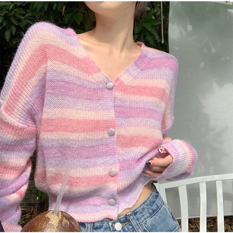 Áo Khoác Cardigan Dệt Kim Cổ Chữ V Tay Dài Dáng Rộng Kẻ Sọc Cầu Vồng Xinh Xắn Cho Nữ