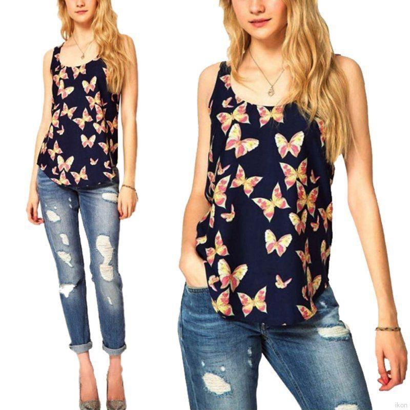 Áo chiffon ba lỗ in họa tiết bướm thời trang cho nữ