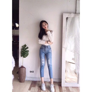 [9 TẤC] Quần Jean Nữ 9 Tấc Rách Xanh Sáng, Jean Nữ Form Lưng Cao Co Giãn Hàng Đẹp TCS-Z02
