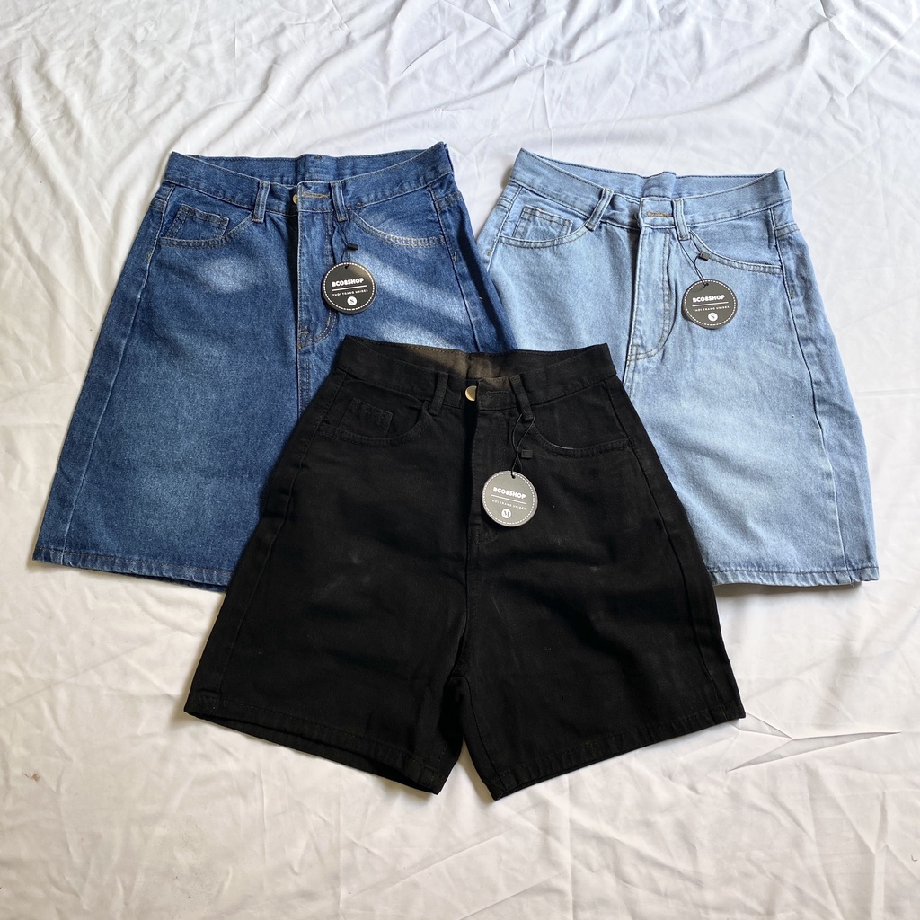 Quần Short Jean Ngố Ống Rộng Lưng Cao màu Đen Phong cách Ulzzang BC340