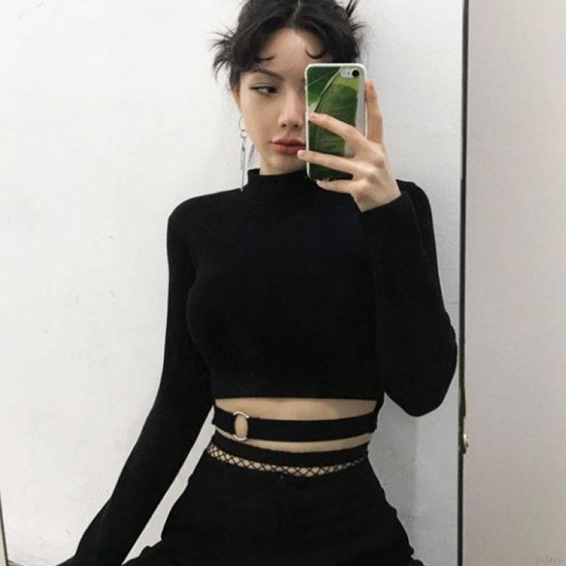 Áo thun dài tay cổ tròn hở rốn kiểu Hàn Quốc gợi cảm cho nữ