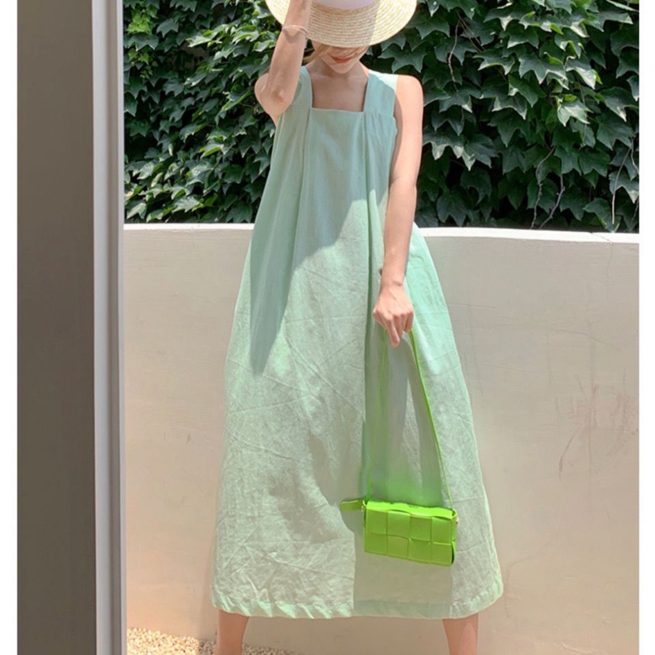 Đầm 2 dây bản to dáng dài, váy bầu bí đi biển phom rộng màu xanh lá cây mát mẻ hàng đẹp trendy - nội y xanh