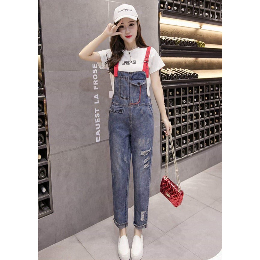 Set Quần Yếm Jean Rách kèm Áo Thun Cotton hàng nhập Quảng Châu chuẩn form