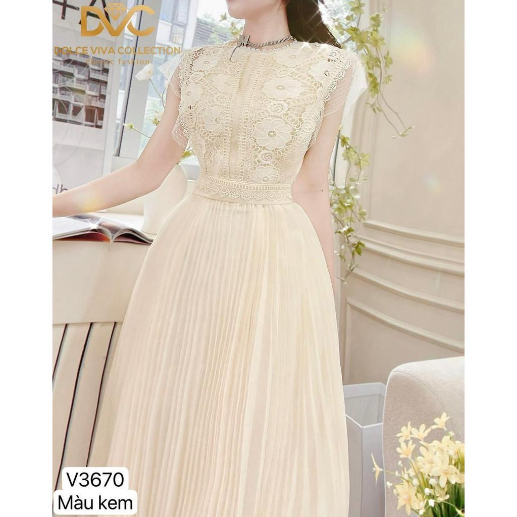 V3670 Váy kem ren dự tiệc dáng dài  váy đầm dự tiệc tiểu thư xếp ly nữ tính