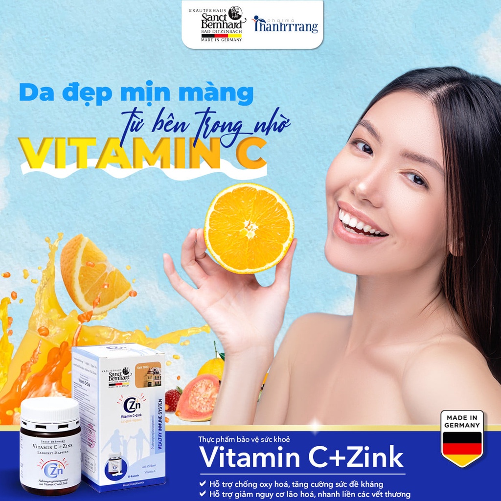 Viên uống Vitamin C và Kẽm tăng cường đề kháng miễn dịch, đẹp da hộp 60 viên chính hãng Sanct Bernhard Đức