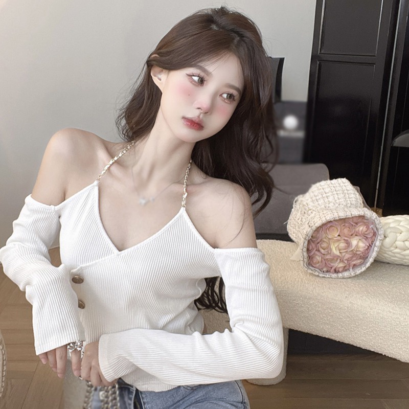 Áo Croptop Dệt Kim Tay Dài Cổ Chữ V Màu Trơn Dáng Ôm Gợi Cảm Thời Trang Hàn Quốc Cho Nữ