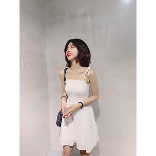 Đầm 2 dây thắt nơ vai chun lưng trắng form xoè