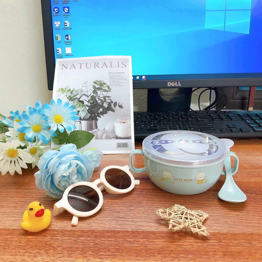 Bát ăn dặm giữ nhiệt 2 lớp tráng ruột inox kèm thìa và nắp đậy cho bé