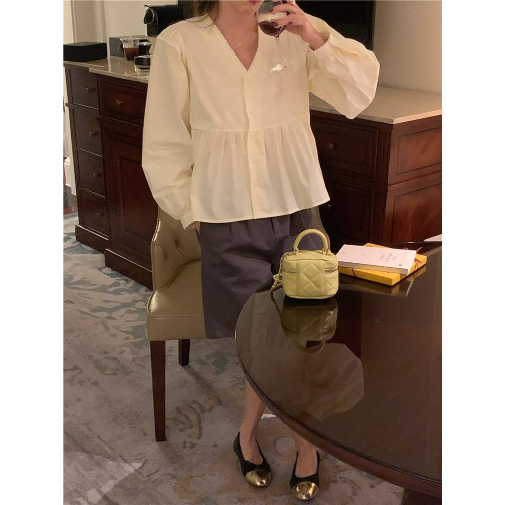 Áo Sơ Mi Dài Tay Rộng Cổ Chữ V Khâu Ren 60921