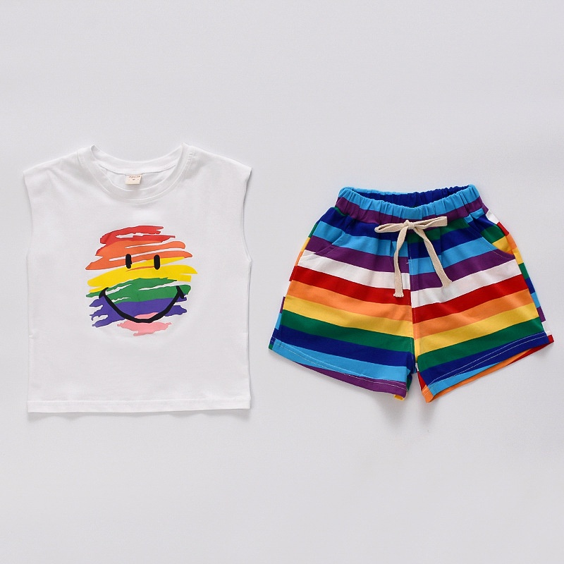 [P.C store] spot 2021 girls' new Korean summer children's T-shirt shorts two piece rainbow Suit Girls' sleeveless children's suit 0-4 years old fashion