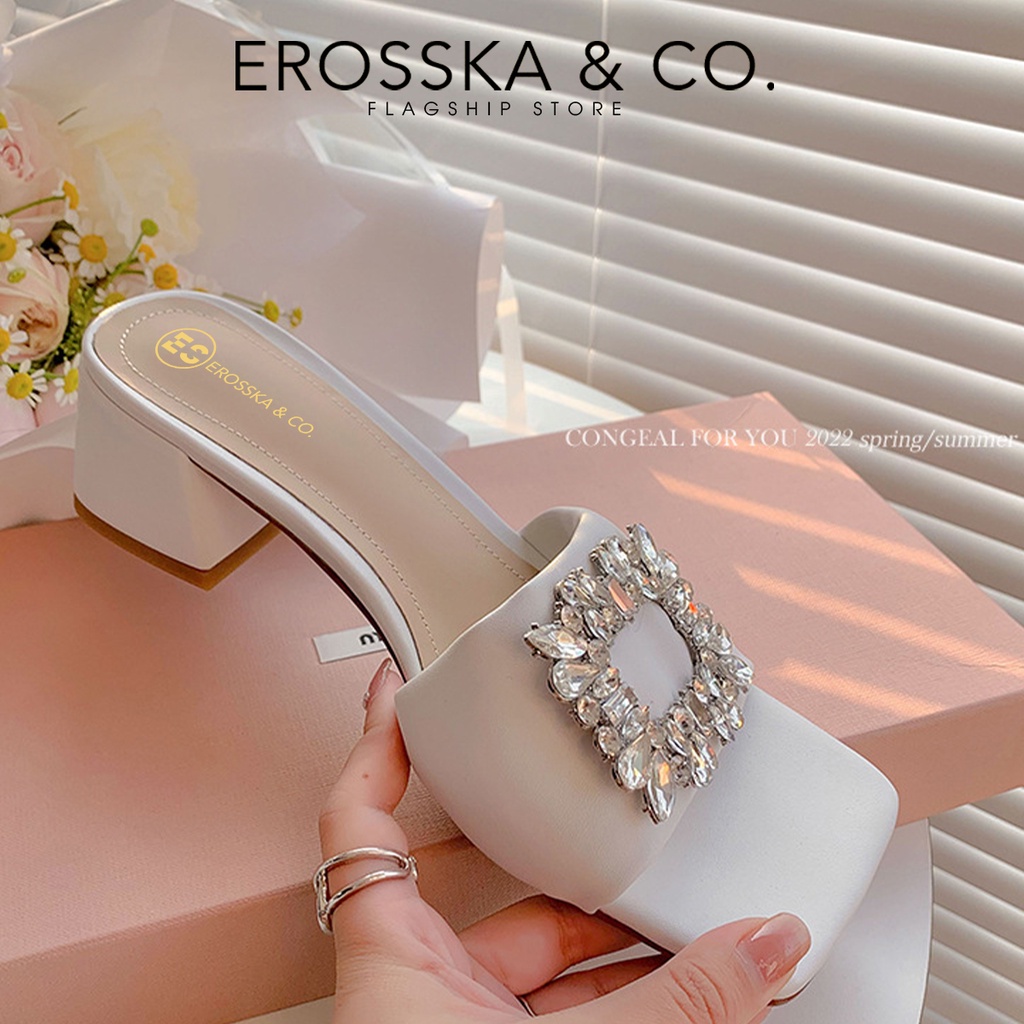 Erosska - Dép cao gót nữ quai ngang đính đá sang trọng cao 5,5cm màu trắng - EM096