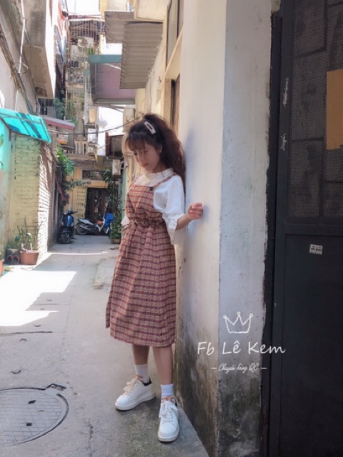 Sét yếm kẻ kèm áo kiểu siêu xinh🥰