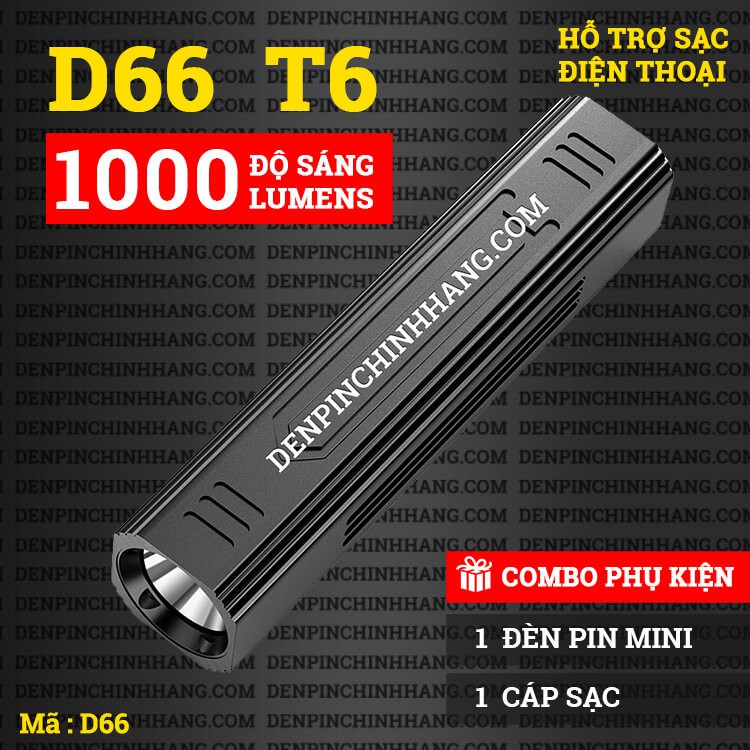 Đèn pin mini siêu sáng D66 T6 hỗ trợ sạc điện thoại