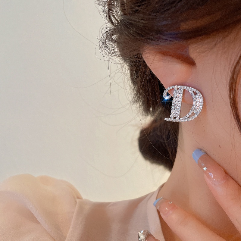 Bông Tai Mạ Bạc 2022 Hình Chữ D Đính Đá Zircon Phong Cách Hàn Quốc
