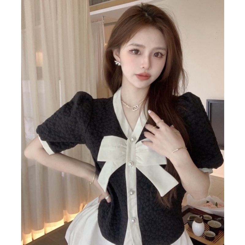 Áo Sơ Mi Cổ Chữ V Tay Phồng Đính Nơ Màu Tương Phản Thời Trang Mùa Hè Dễ Phối Đồ Dành Cho Nữ