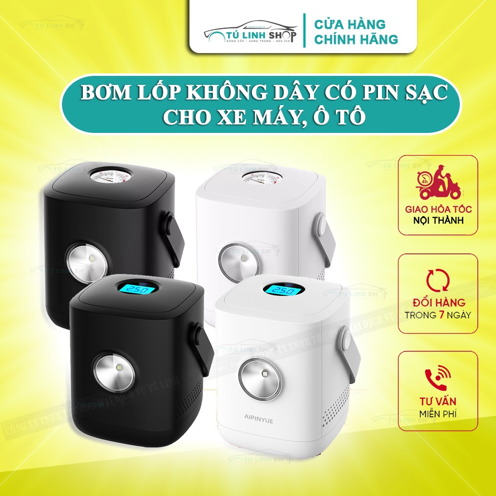 Bơm lốp xe máy, ô tô không dây dùng pin sạc qua cổng USB, đồng hồ cơ hoặc điện tử tự ngắt.