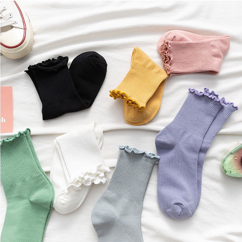 Tất nữ nhún cao cổ bèo dễ thương màu pastel trơn chất liệu cotton mềm mịn thoáng DOLLY SECRET T05