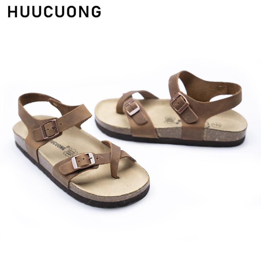 Giày Sandal Unisex HuuCuong xỏ ngón da bò nâu đế trấu