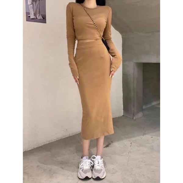 Oder set váy thun tay dài croptop + chân váy dài ôm body háck dáng