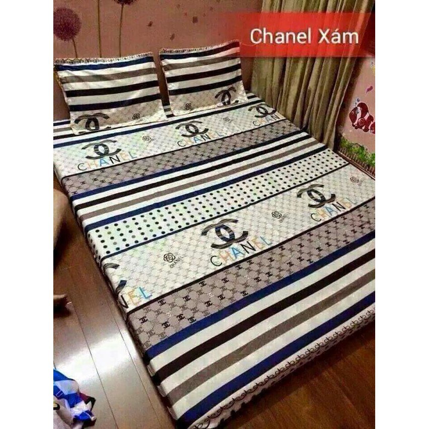 Bộ 5 Món Chăn Hè Ga Gối - Drap Giường Cotton Poly Chanel Xám Chấm Bi SHOPGIADUNGUYTIN