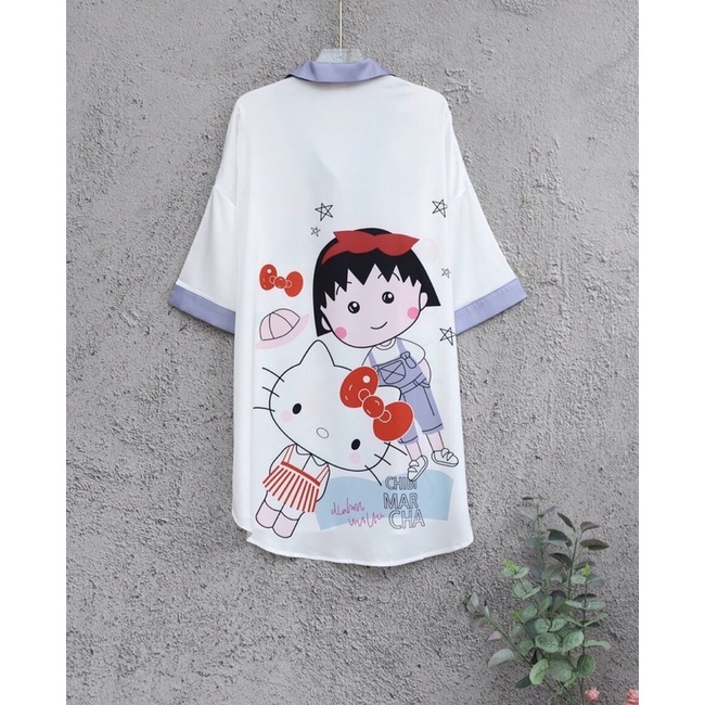 Váy ngủ sơ mi tay lỡ cô gái chibi cute lụa cao cấp quảng châu