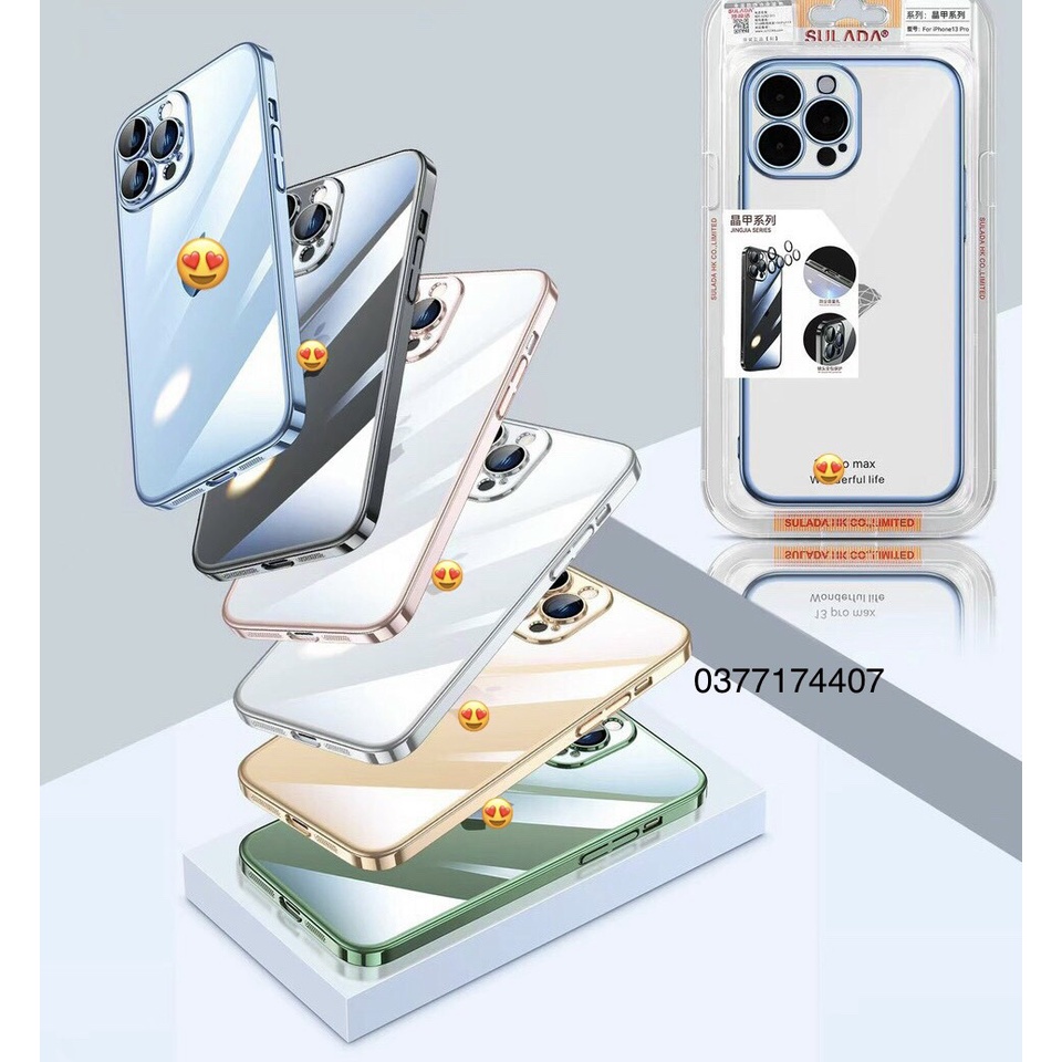Ốp lưng Sulada trong cứng viền màu cho iPhone 14 Pro Max, 13 Pro Max 12 bảo vệ cụm và mắt camera siêu đẹp (Không ố vàng)