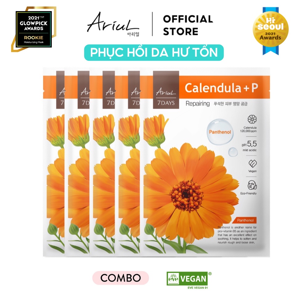 Combo 5 mặt nạ ARIUL 7 DAYS MASK CALENDULA Hoa Cúc + P (Panthenol) 23ml