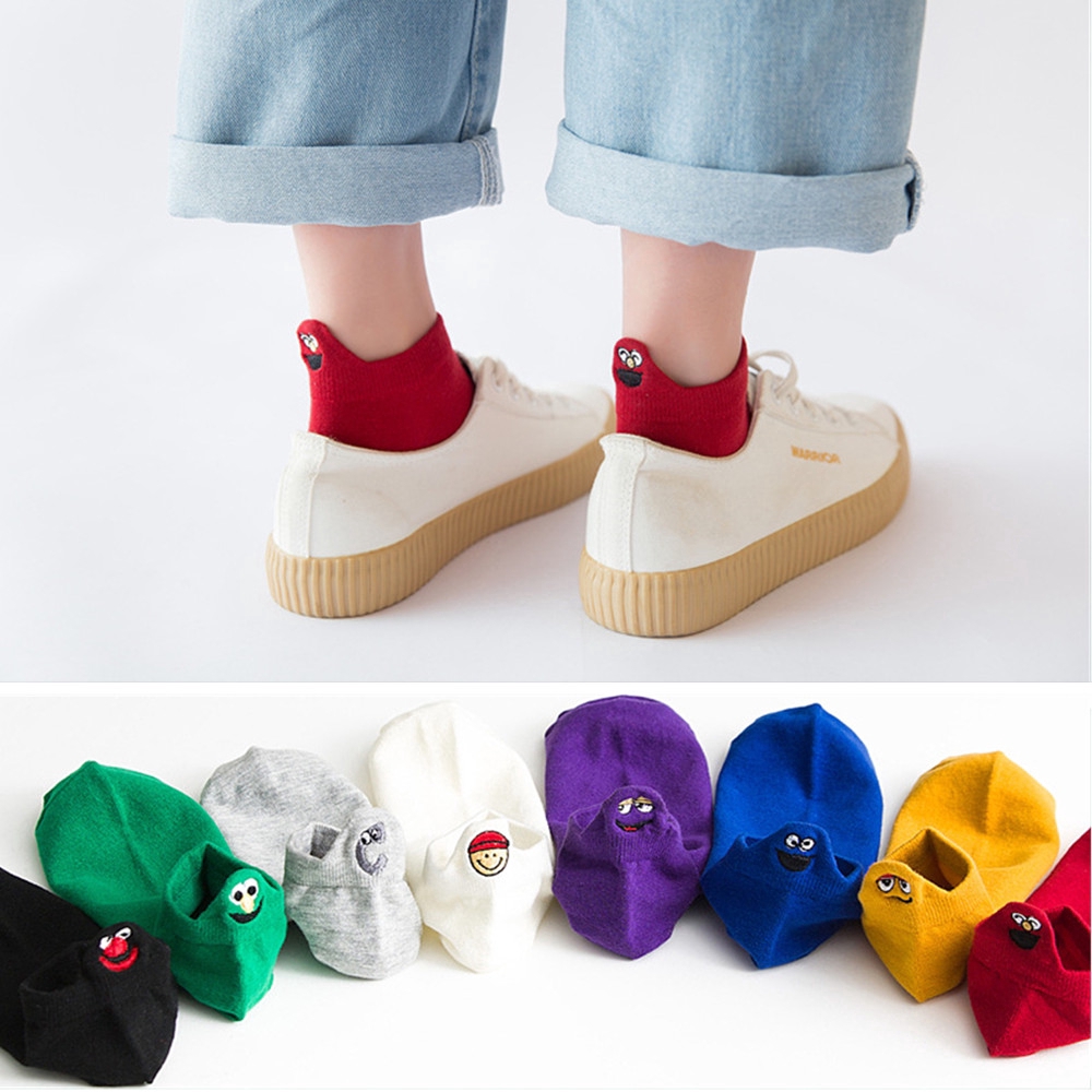 Vớ cotton cổ ngắn gót thêu hình cặp mắt dễ thương