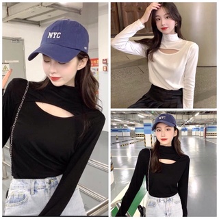 Áo kiểu thun tay dài cổ lọ xẻ croptop
