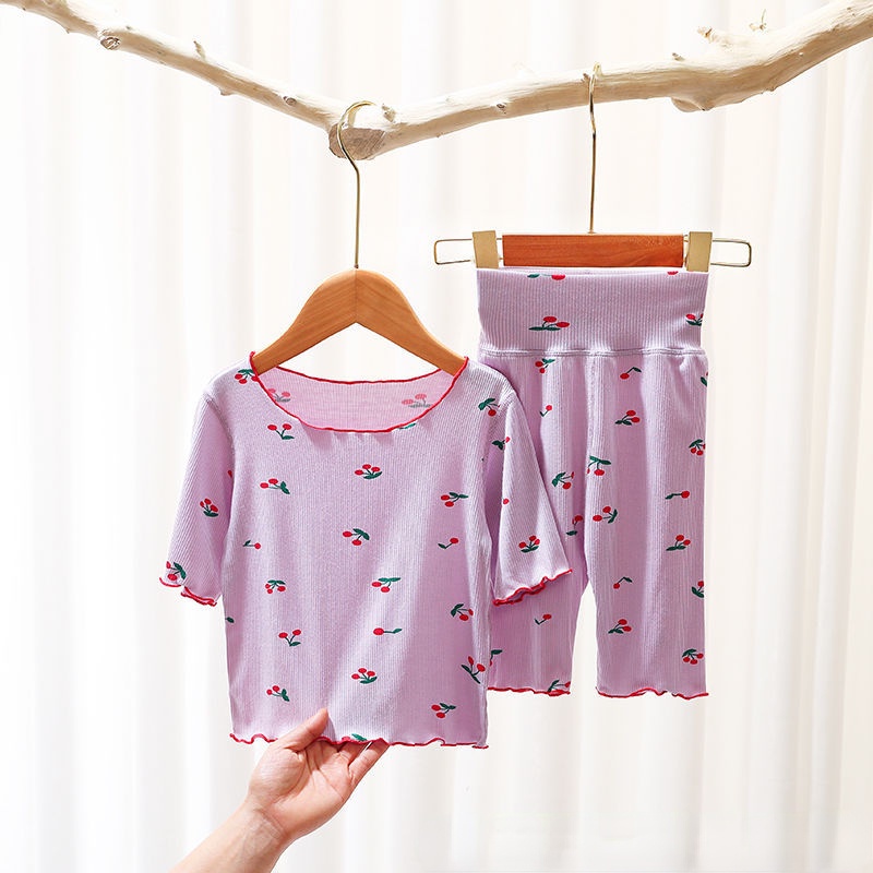 Bộ Đồ Ngủ Tay Ngắn In Hình Quả Anh Đào + Quần Dài Eo Cao Thời Trang Mùa Hè Hàn Quốc Cho Bé Gái 0-7 Tuổi