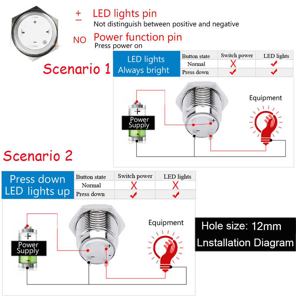 Công tắc bật/tắt có đèn LED 12V 12mm