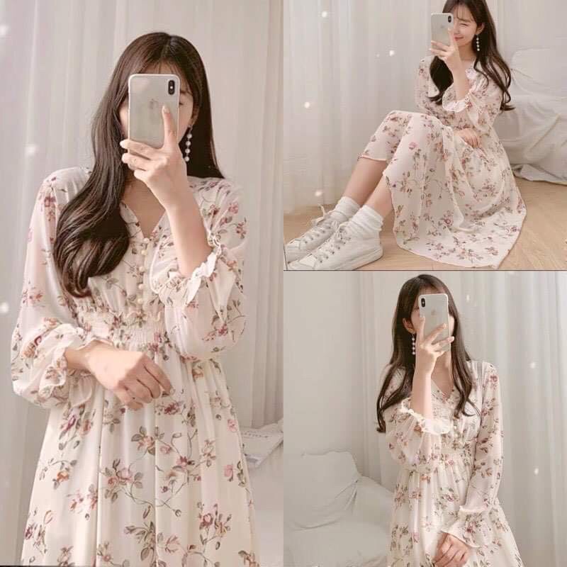 (ảnh thật ở cuối) ĐẦM HOA RÚT EO TAY PHỒNG DÁNG DÀI