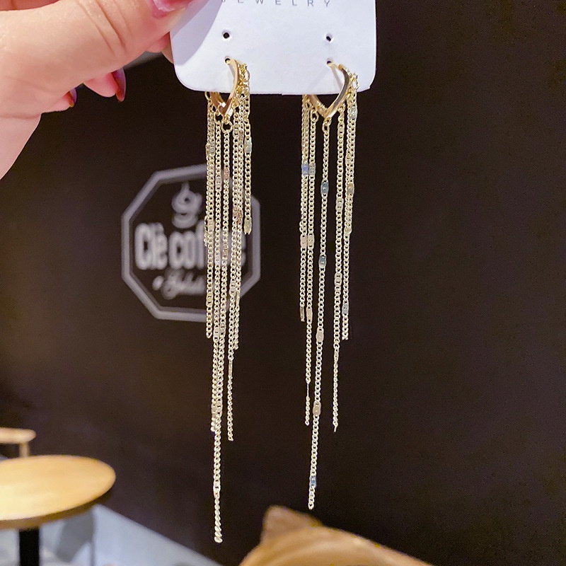 Khuyên Tai Kim Loại Dài Tua Rua Thời Trang Cho Nữ