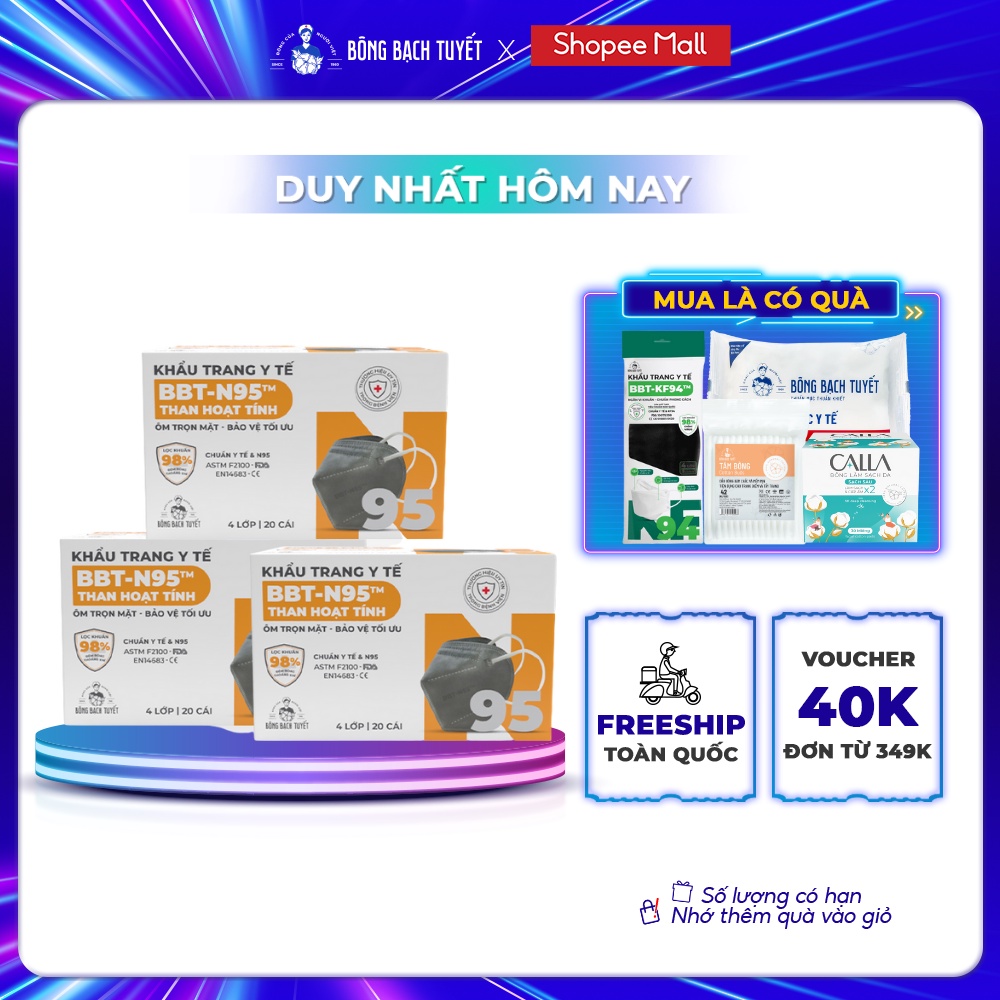 Combo 3 Hộp Khẩu Trang Bông Bạch Tuyết N95 Than Hoạt Tính (20 cái/hộp)