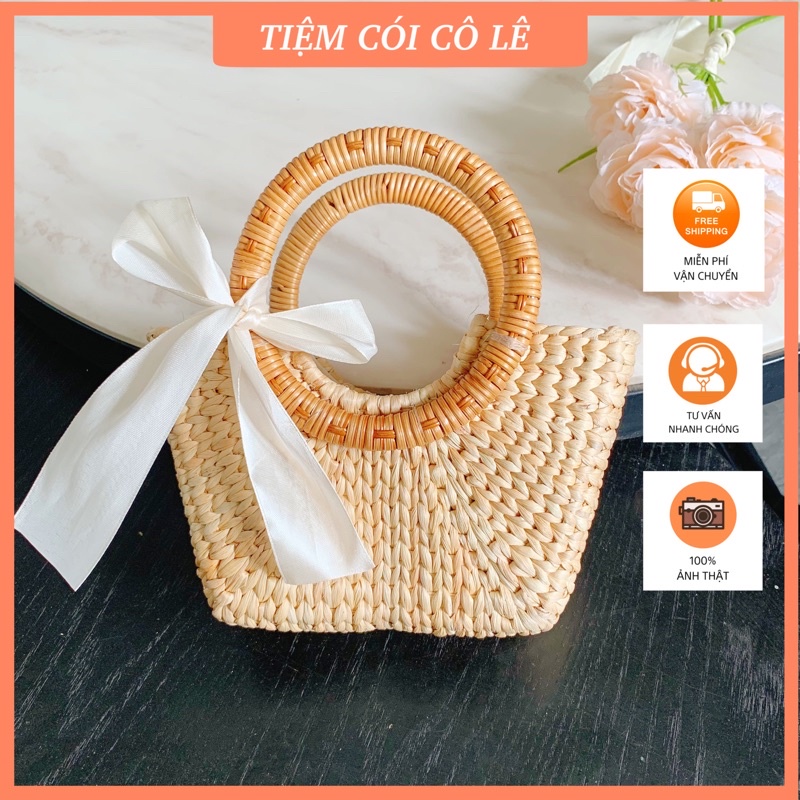 Túi cói lục bình mắt na quai mây size mini 21cm phụ kiện đi biển, chụp ảnh - Tiệm Cói Cô Lê