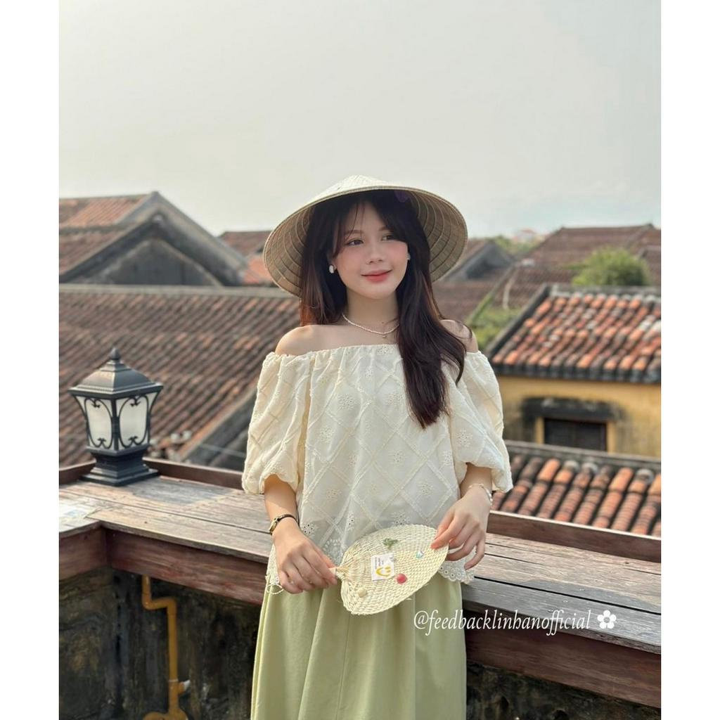 SET ÁO XÔ ĐỤC LỖ BẸT VAI + CHÂN VÁY MIDI XANH BƠ (TH)