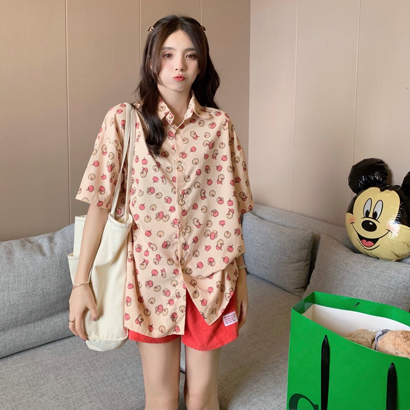 SUXI Áo Sơ Mi Tay Ngắn Dáng Rộng In Họa Tiết Trái Bí Ngô Dễ Thương Thời Trang Mùa Hè Cho Nữ