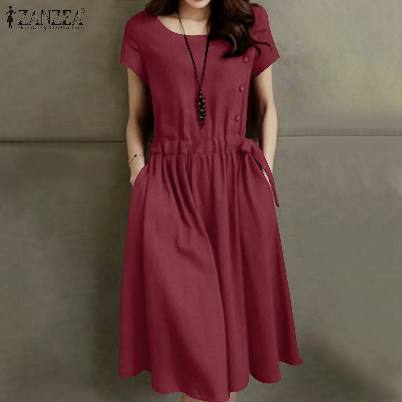 Đầm midi ZANZEA cổ tròn màu trơn phối nút dây rút thời trang cho nữ