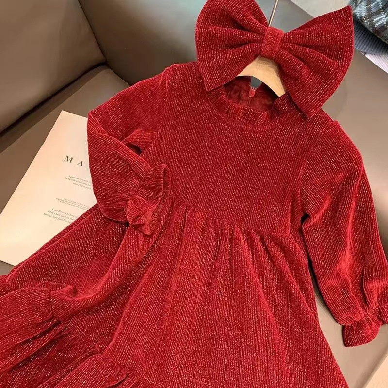 Váy bé gái dài tay, đầm cho bé gái, chất liệu nhung nót lông mịn