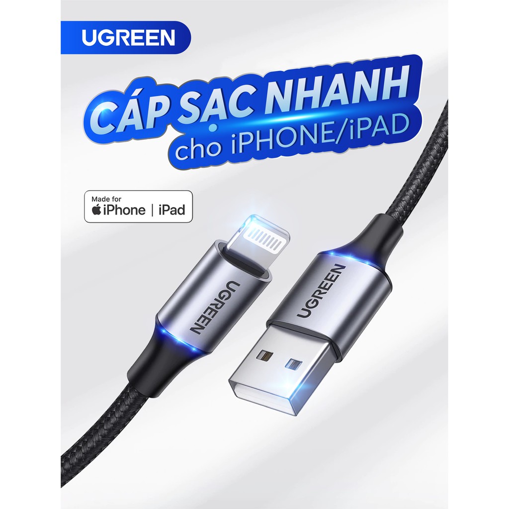 Cáp sạc Lightning MFI UGREEN US155 US199 US291 cho iPhone / iPad / iPod dòng 2.4A dài 1m 2m