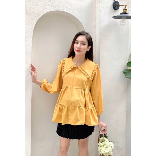 Áo bà bầu dài tay thu đông cổ sen ba tầng dáng babydoll công sở chất đũi thiết kế cao cấp đẹp giá rẻ