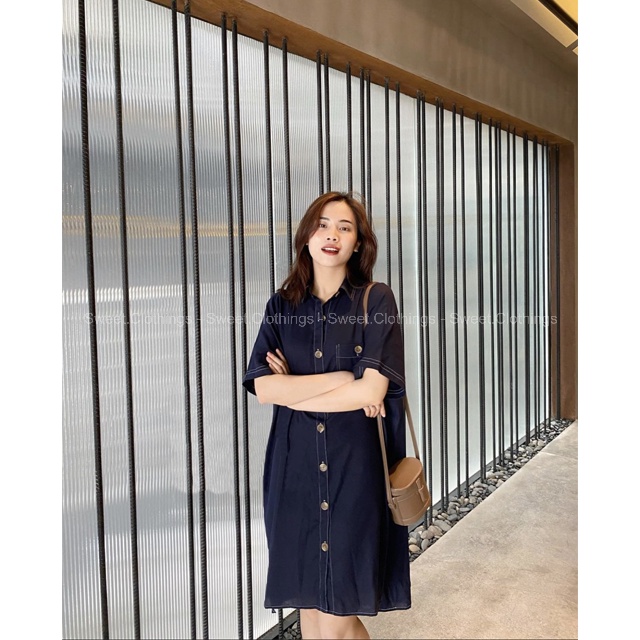 Váy sơ mi dáng Ullzang viền chỉ nổi chất đũi linen, Đầm sơ mi đuôi tôm tay ngắn SWEET.CLOTHINGS