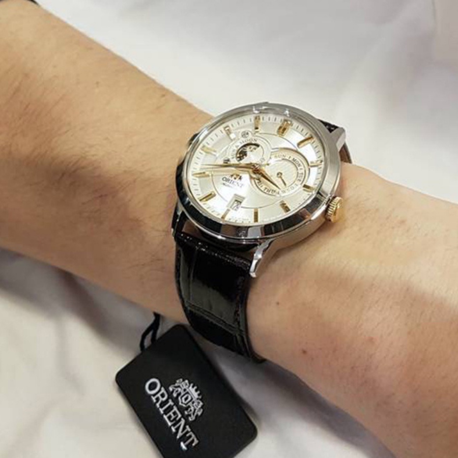 Đồng hồ cơ nam Orient FET0P004W0 Sun and Moon, mặt kính Sapphire chống xước, chống nước 3 ATM, dây da cao cấp chính hãng