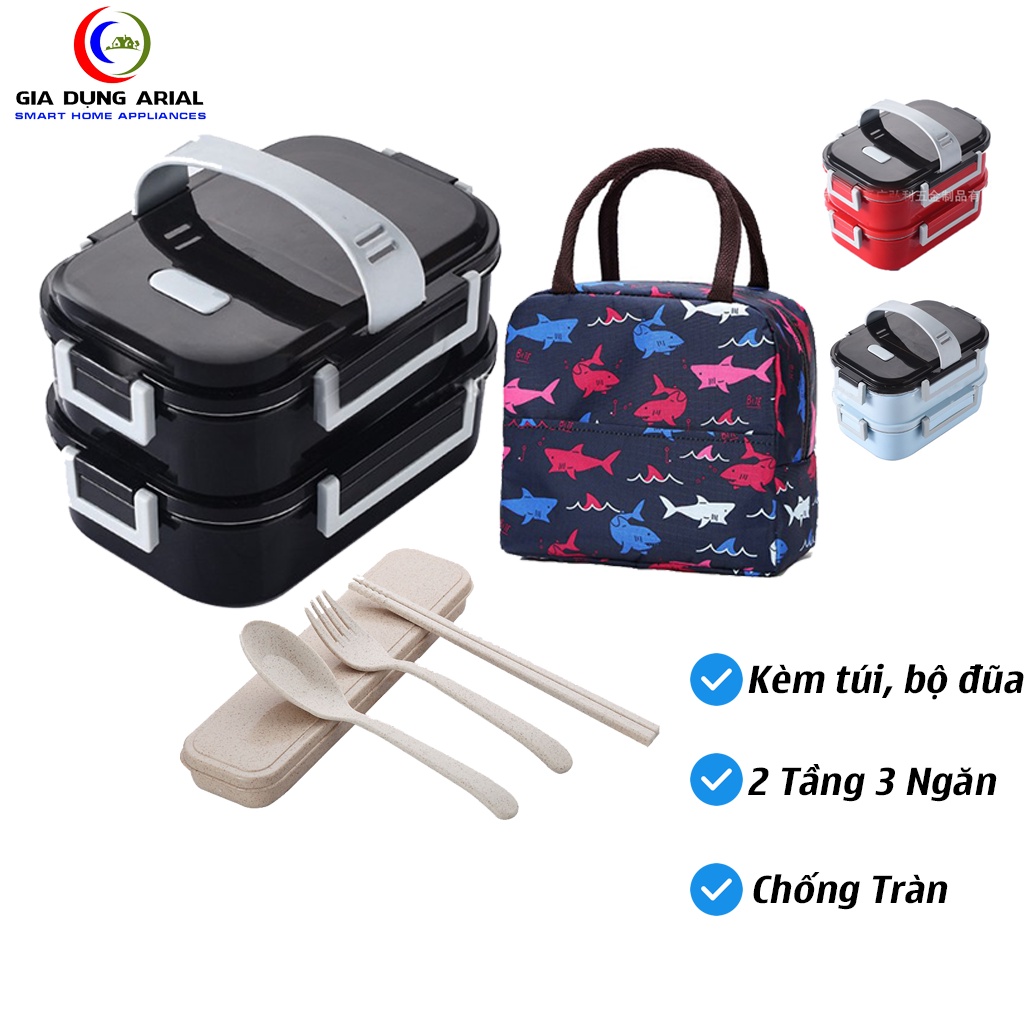 [ HÃNG SẴN ] Hộp Cơm Văn Phòng 2 Tầng 3 Ngăn Inox 304 Chống Tràn Canh Giữa Các Ngăn