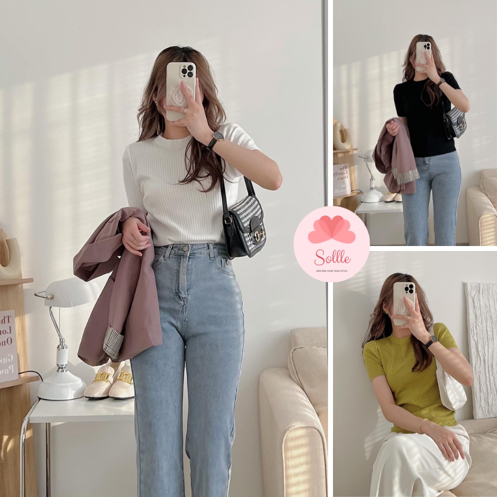 Áo len mongtoghi trơn cổ tròn ngắn tay gân dọc hè thu basic nhiều màu Hàn Quốc Sollle