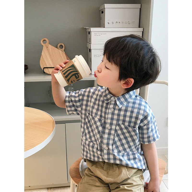 [Babycat] Áo Sơ Mi Tay Ngắn Dáng Rộng Họa Tiết Sọc Caro Phong Cách Nhật Bản Hàn Quốc Thời Trang Mùa Hè Dành Cho Bé Trai