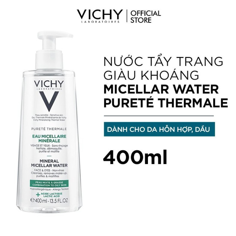 [CHÍNH HÃNG] Nước tẩy trang cho da hỗn hợp và da dầu Vichy Pureté Thermale Mineral Micellar Water 400ml