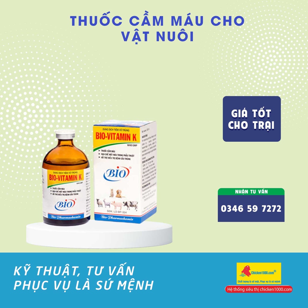 Bio Vitamin K cầm máu cho chó, mèo, heo, gà, vịt chai 100ml