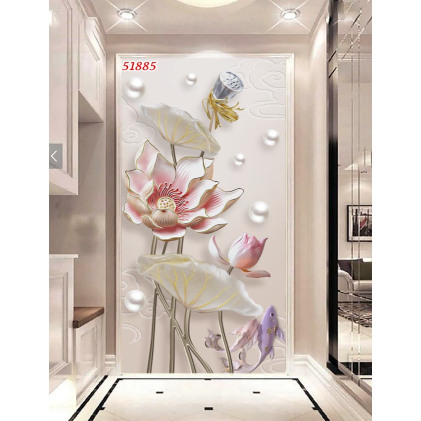 Trang trí phòng khách tranh 3D dán tường khổ dọc Cá chép hoa sen siêu bền, không thấm nước, giá rẻ